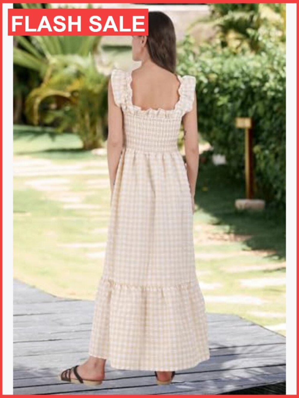 Retro Plaid Smocked Dress Spaghetti Strap Flounce Long Dress - Picture 5 of 7